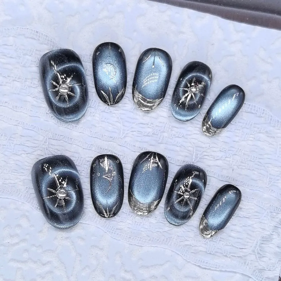 Nailhour Handmade 10pcs Blue Starry Sky Sparkling Cat Eye 3D Gilded Press On Nails