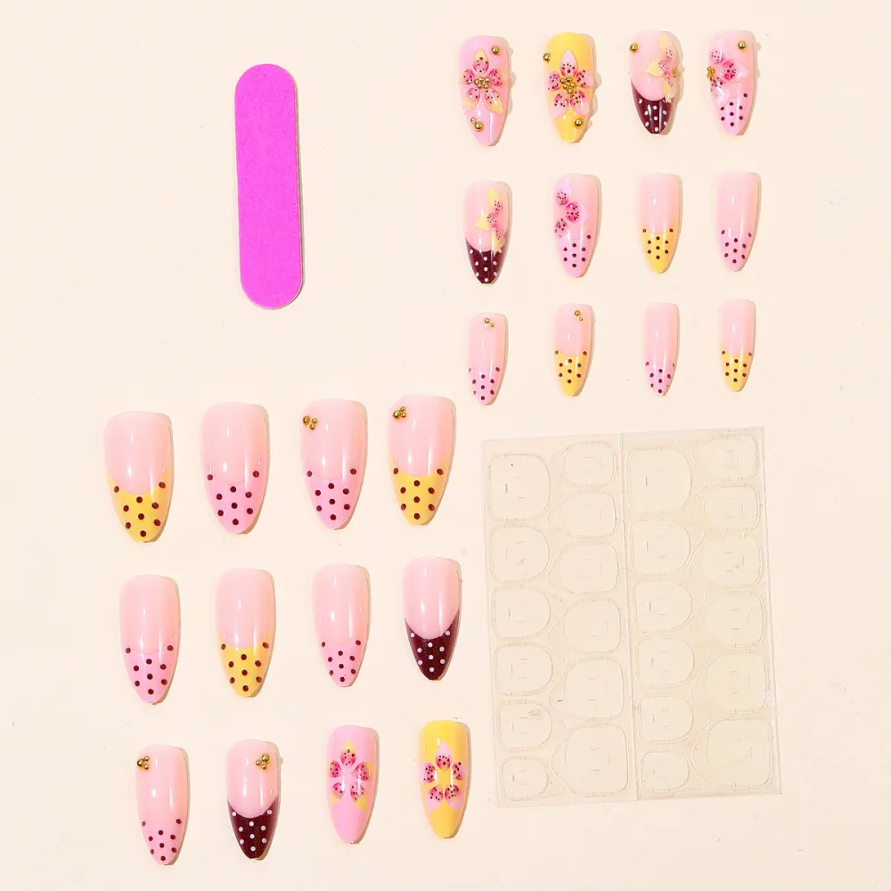 Nailhour 24Pcs Pinkn 3D Floral Vintage Medium Almond Press On Nails