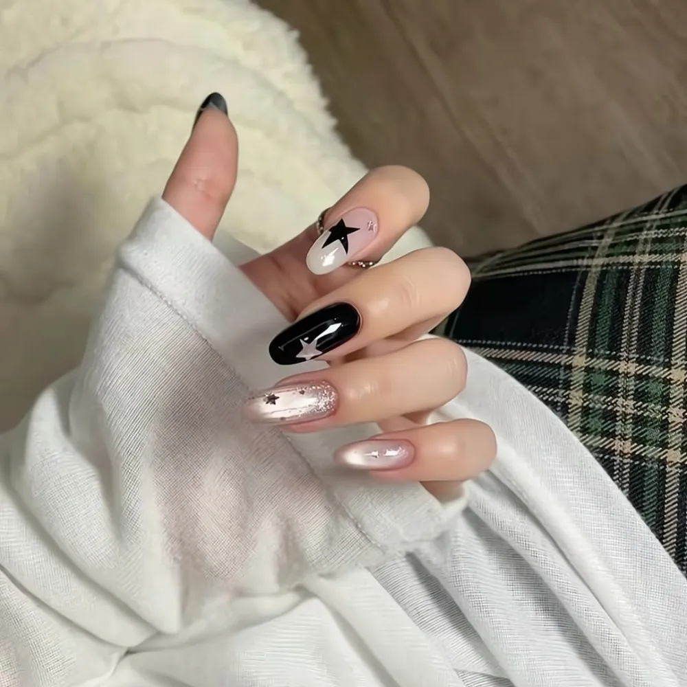 Nailhour 10Pcs Cat Eye French Vintage Medium Oval Press On Nails