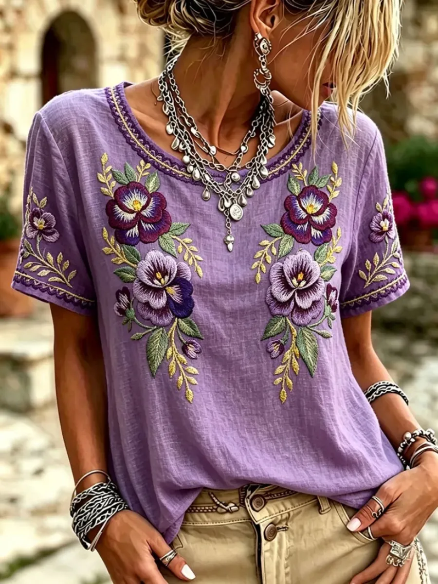 Women's Purple Floral Art Short Sleeve Linen Shirt