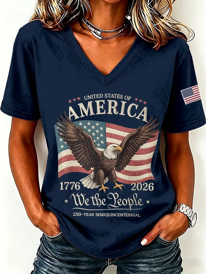 Women'S America Flag Print Casual V-Neck T-Shirt