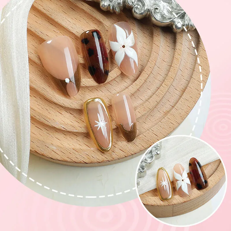 Nailhour 24Pcs 3D Autumn Gilded Short Almond Press On Nails
