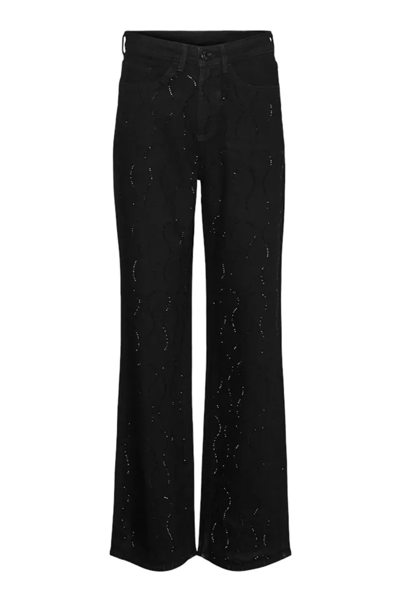 Patterned Wide Leg Black Trousers