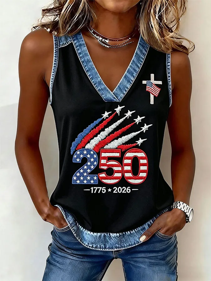 Women'S American Flag Independence Day 250Th Anniversary Printed Sleeveless Top