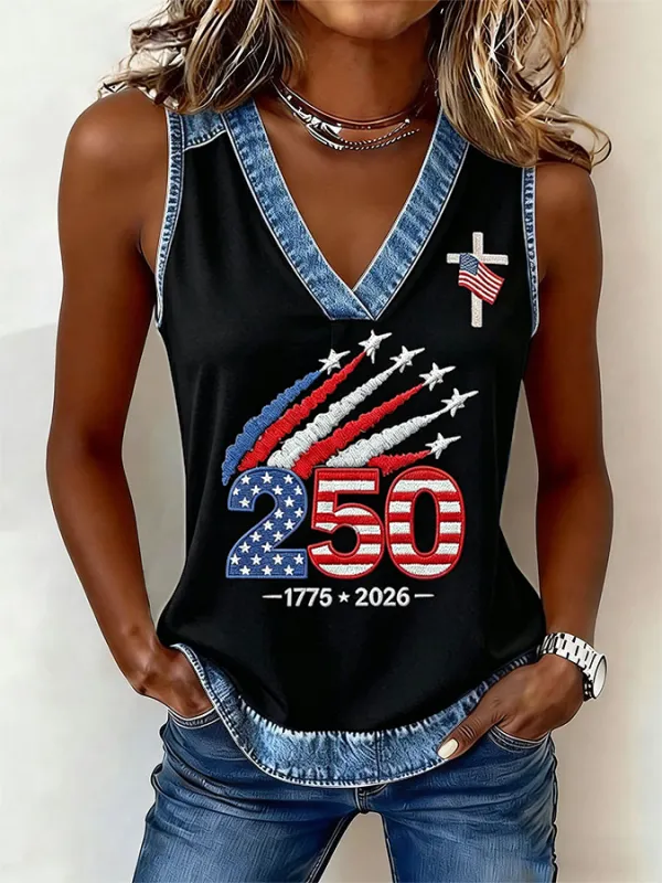 Women'S American Flag Independence Day 250Th Anniversary Printed Sleeveless Top