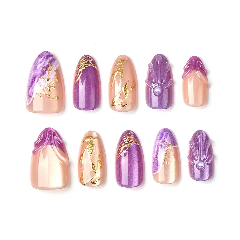 Nailhour 30Pcs Date Cat Eye Purple Pearl Almond Press On Nails