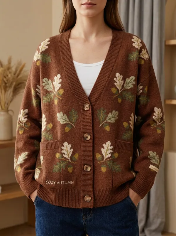 Rustic Oak Leaf Acorn Patterned Women's Knit Cardigan