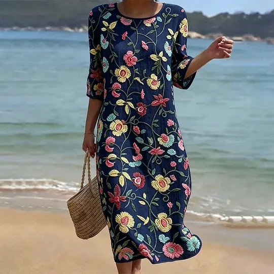 Vintage Floral Art Pattern Linen Blend Loose Three-quarter Sleeve Dress