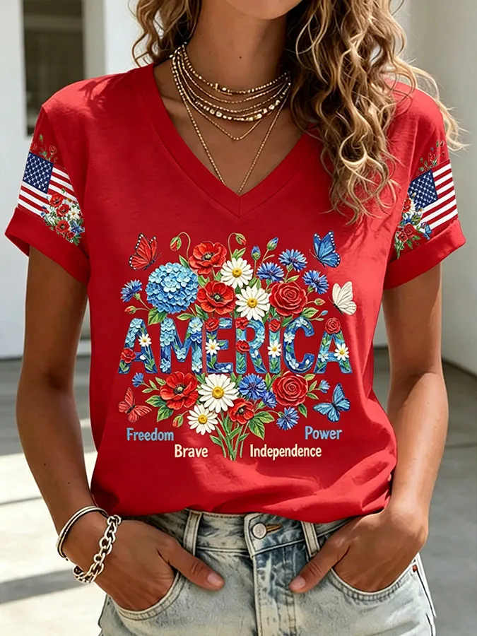 Women'S America Flag Floral Printed Casual T-Shirt