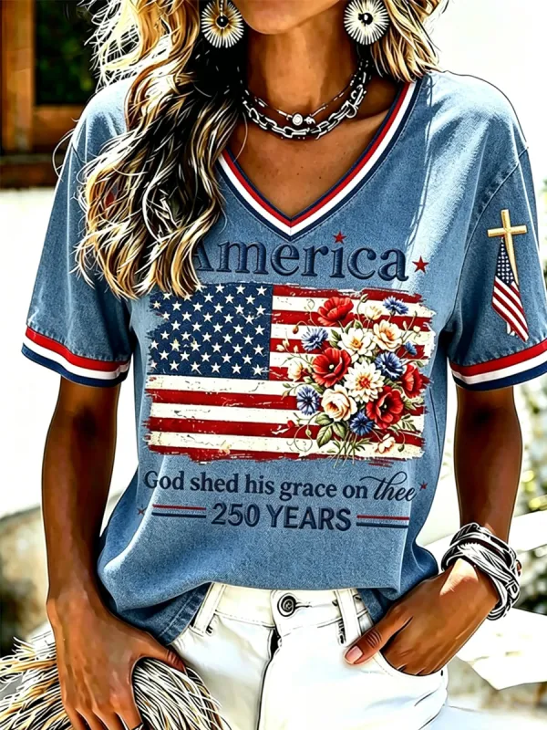 Women's Casual USA 250th Celebration Print Short Sleeve T-shirt