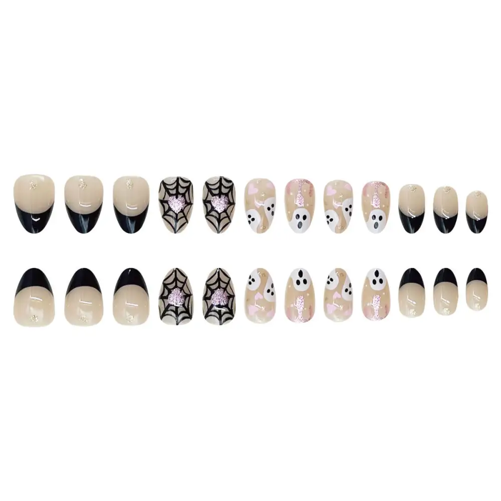 Nailhour 24Pcs Halloween Short Almond French Glitter Ghost Press On Nails
