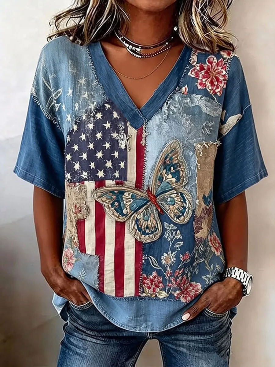 Women's Casual Short-Sleeve Positioning Print Cotton-Linen Top