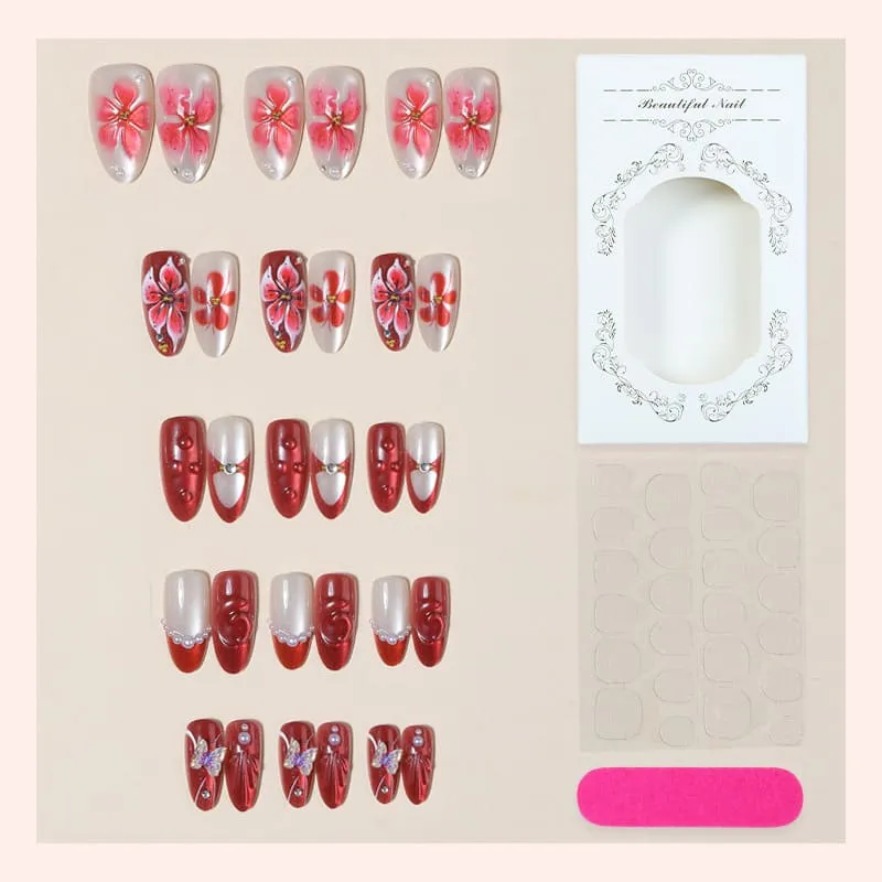 Nailhour 30Pcs Amber 3D Medium Almond French Red Press On Nails