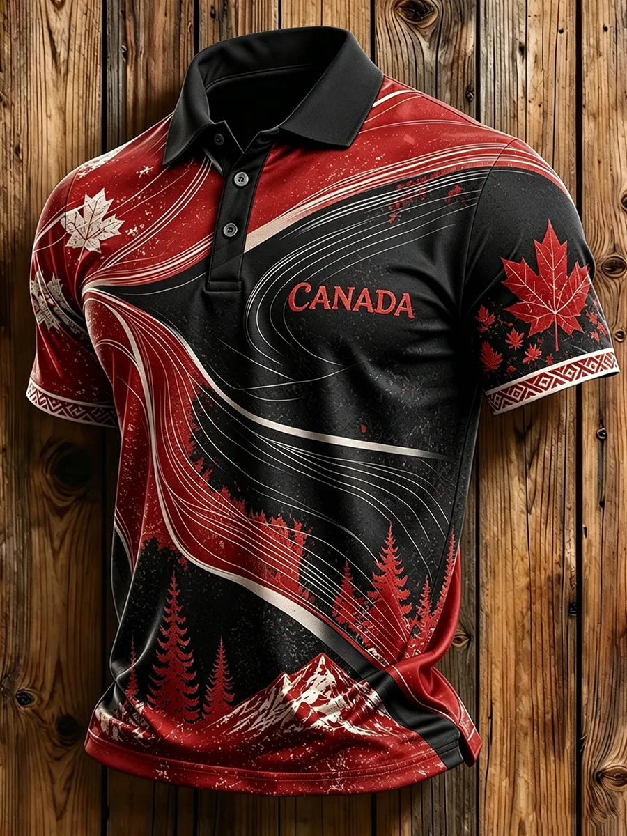 Men's Canada Maple Leaf Mountain Print Polo Shirt