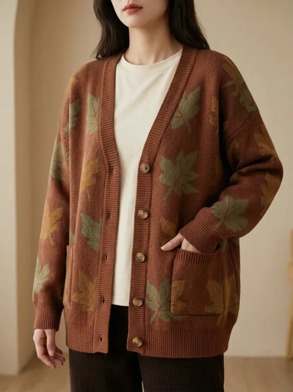 Maple Leaf Pattern Patterned Women's Knit Cardigan