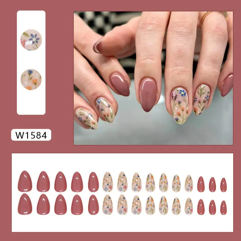 Nailhour 30Pcs Pink Floral Short Almond Press On Nails