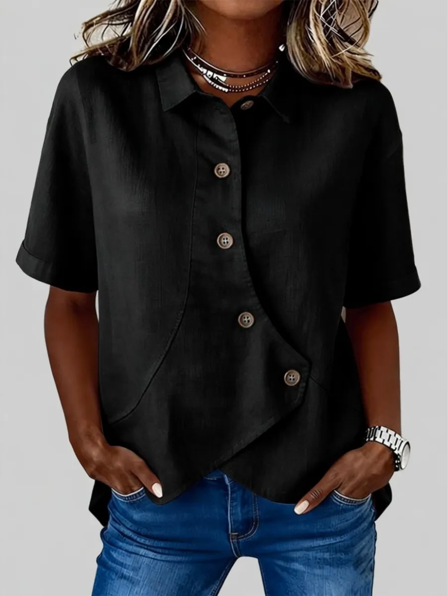 Women's Short-Sleeve Button-Down Cotton-Linen Shirt