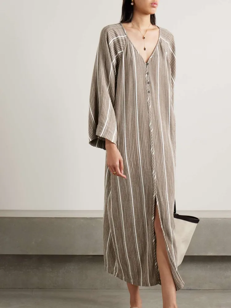 Striped V-Neck Long Sleeve Dress