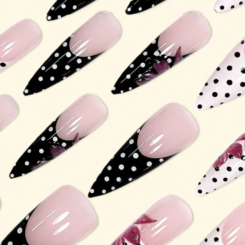 Nailhour 24Pcs French Long Stiletto 3D Black And White Polka Dot Press On Nails