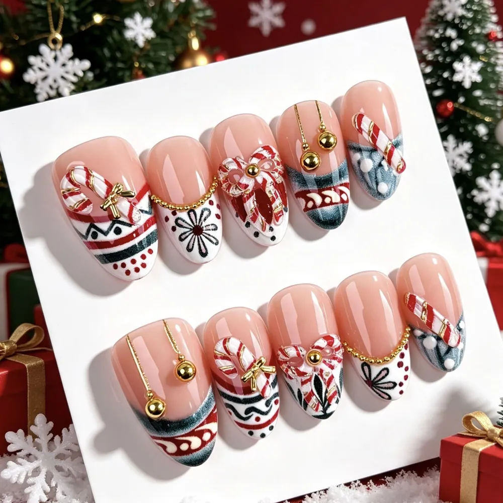 Nailhour 30Pcs Golden Bell 3D Christmas Medium Almond French Press On Nails