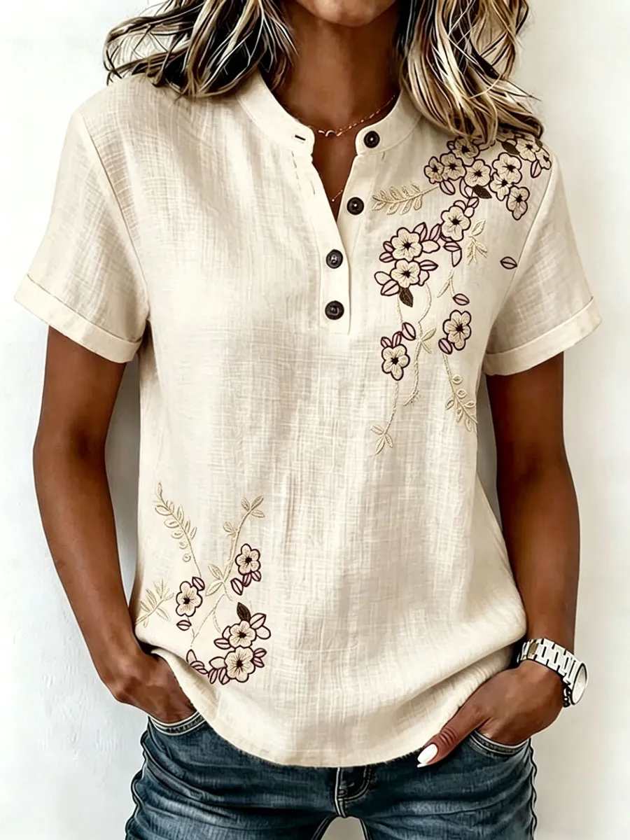 Women'S Short-Sleeved Cotton And Linen Casual Top