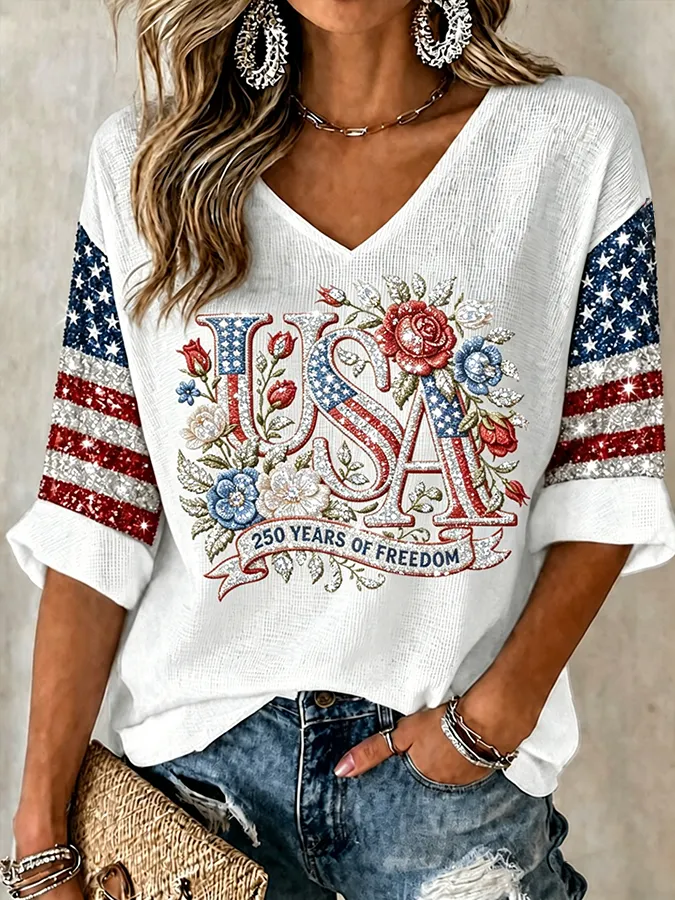 Women's American Flag Printed Casual Waffle Long Sleeve T-shirt