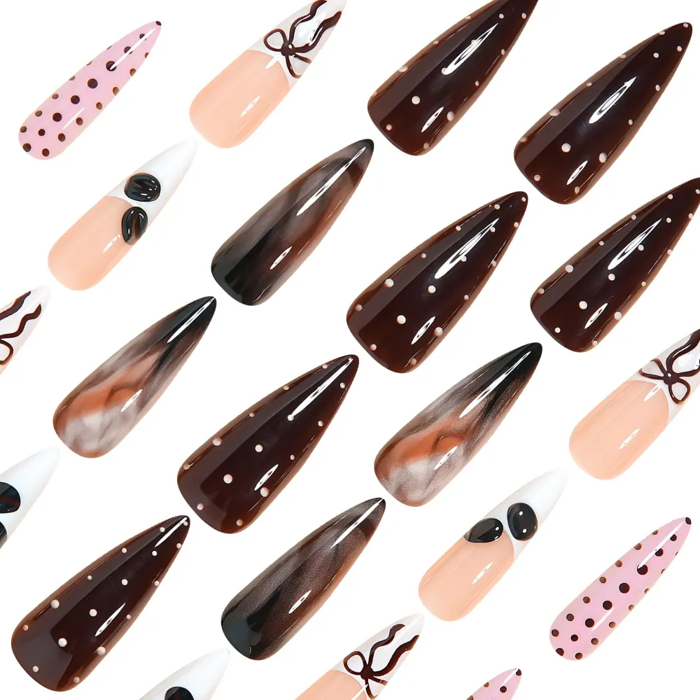 Nailhour 24Pcs Coffee Bean 3D Long Stiletto French Press On Nails