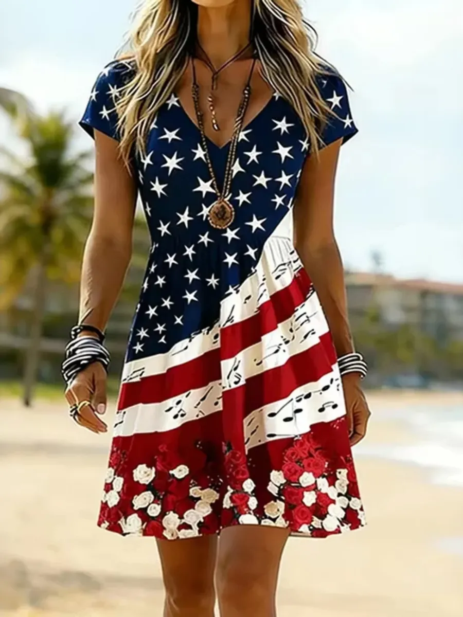 Women's 250th Anniversary Independence Day Flower Printed Dress
