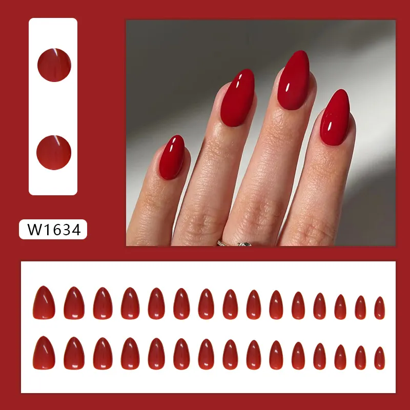 Nailhour Almond Medium Red Daily Office 30Pcs Press On Nails