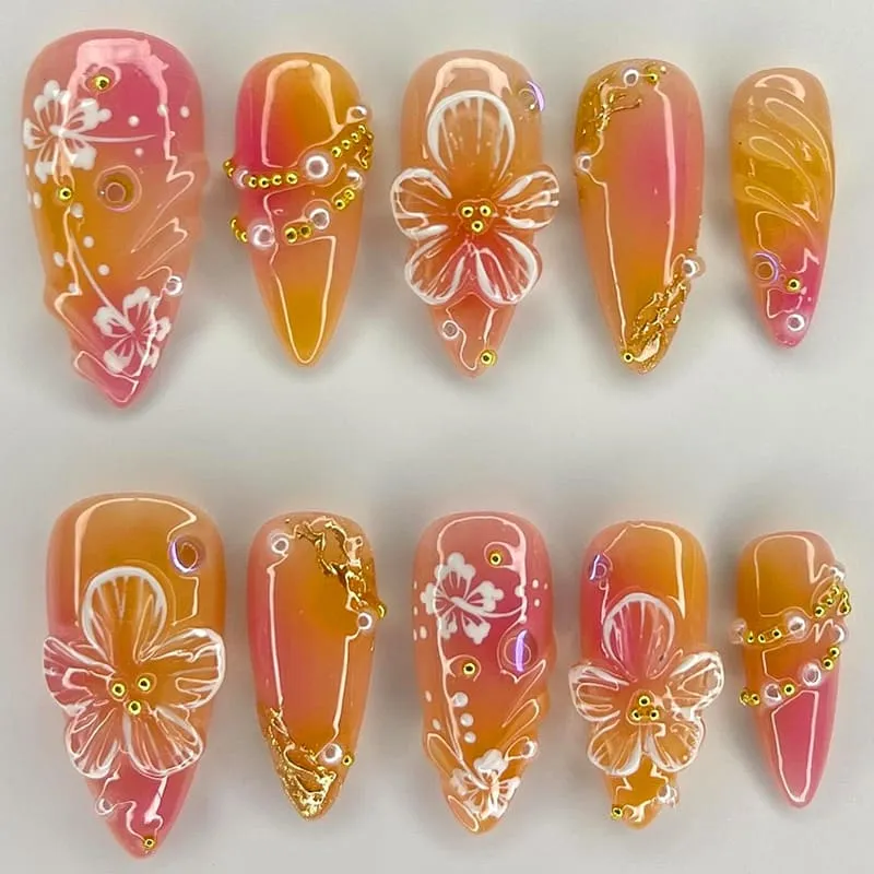 Nailhour 24Pcs Floral 3D Medium Almond French Gilded Press On Nails