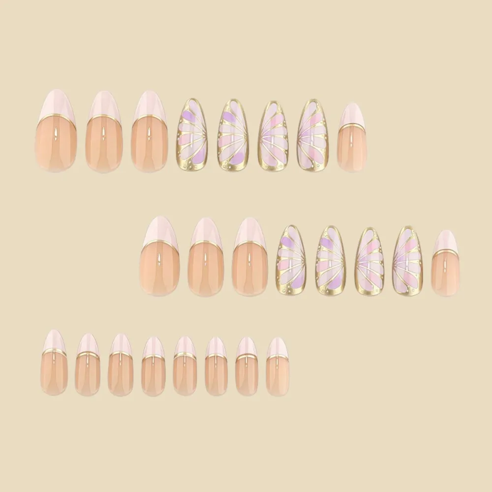 Nailhour 24pcs Medium Almond French Pink Press On Nails