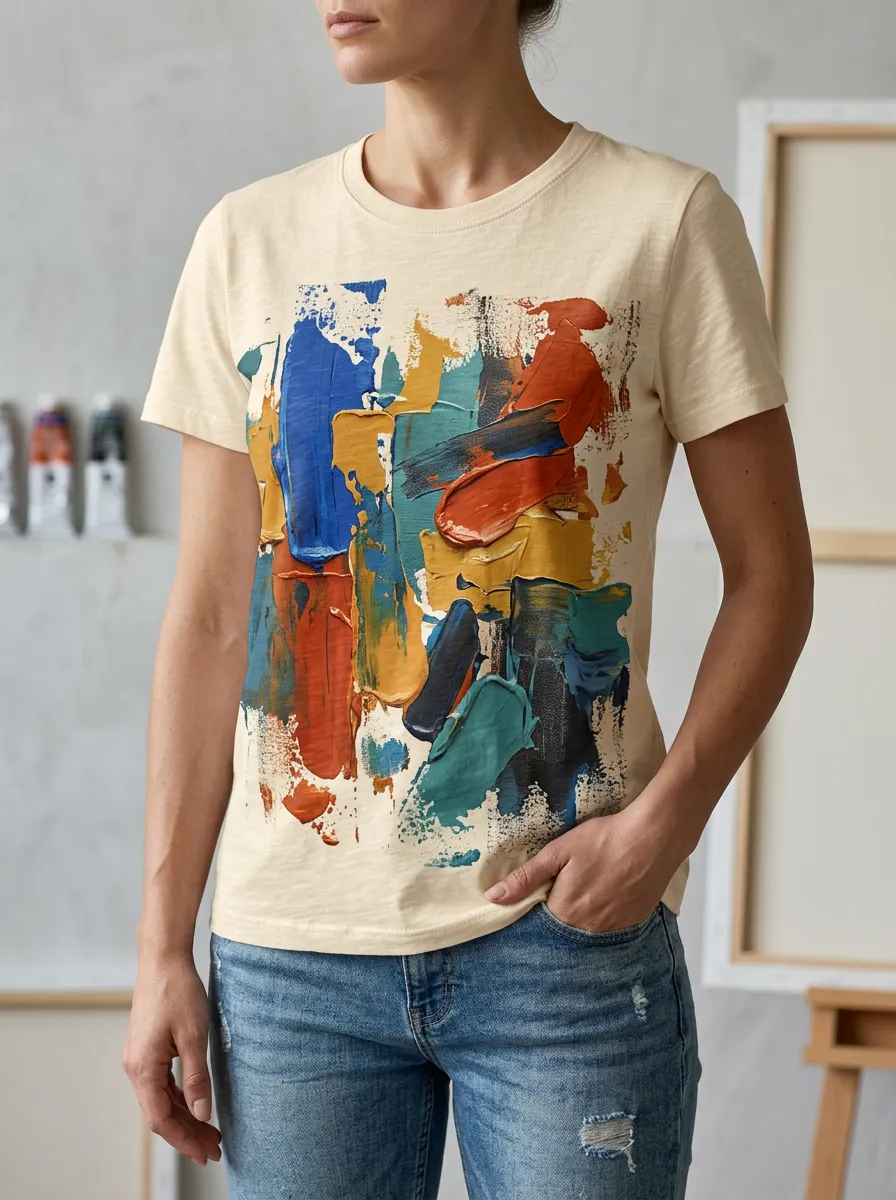 Women's Abstract Oil Painting Palette Knife Printed T-shirt