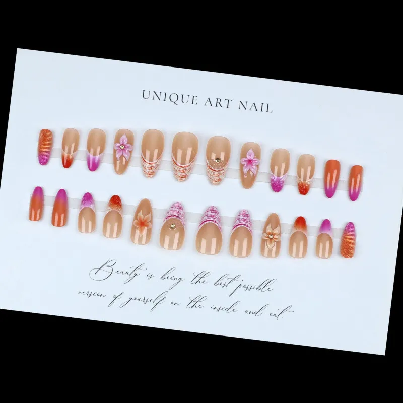 Nailhour Summer Holiday 3D Pink Orange Floral 24Pcs French Press On Nails