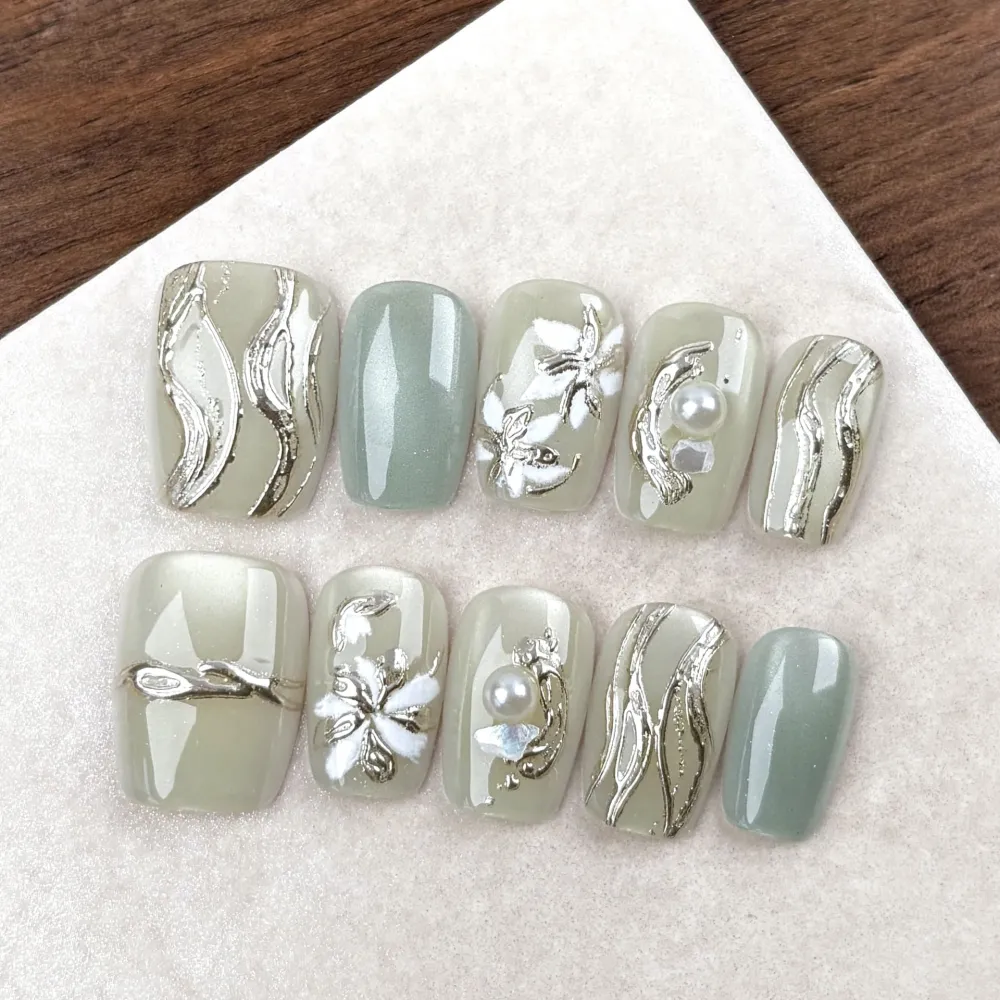 Nailhour 30Pcs Green Gilded 3D Medium Square French Press On Nails