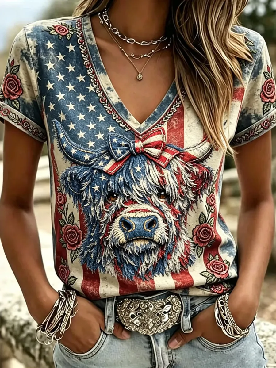 Women'S Independence Day Animal Embroidery Print T-Shirt