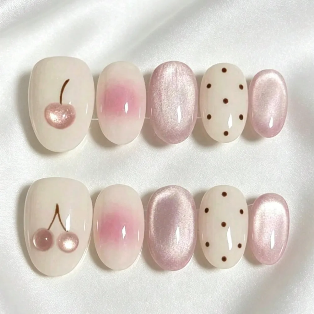 Nailhour 10Pcs Handmade Short Oval Pink Cat Eye Flower Press On Nails