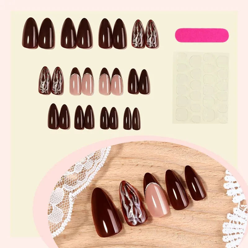 Nailhour 24Pcs Gradient Brown Medium Almond French Press On Nails