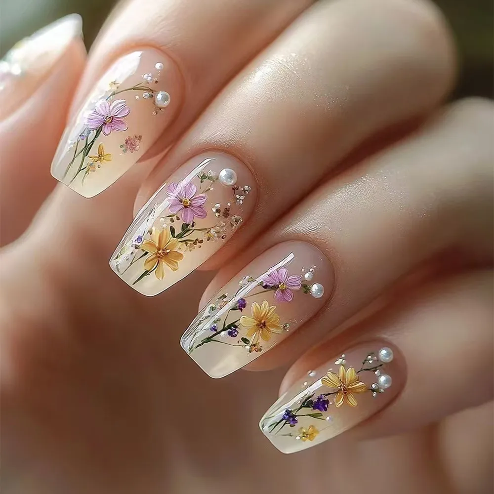 Nailhour Square Nude Floral 24Pcs Daily Press On Nails