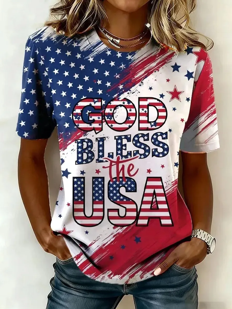 Women's casual round neck Patriot printed T-shirt