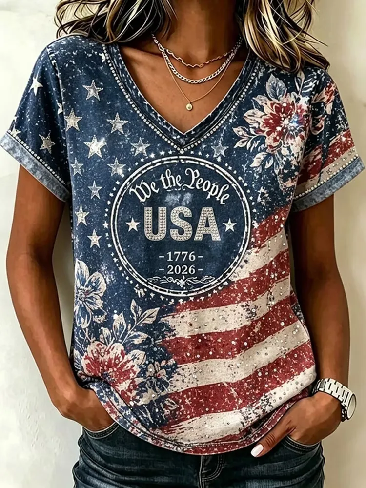 Ladies' Casual Floral Personalized Printed V-Neck T-Shirt For The 250Th Anniversary Celebration Of The Founding Of The United States