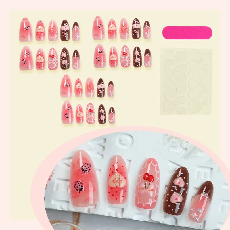 Nailhour 30Pcs Gradient Bow 3D Medium Almond French Press On Nails