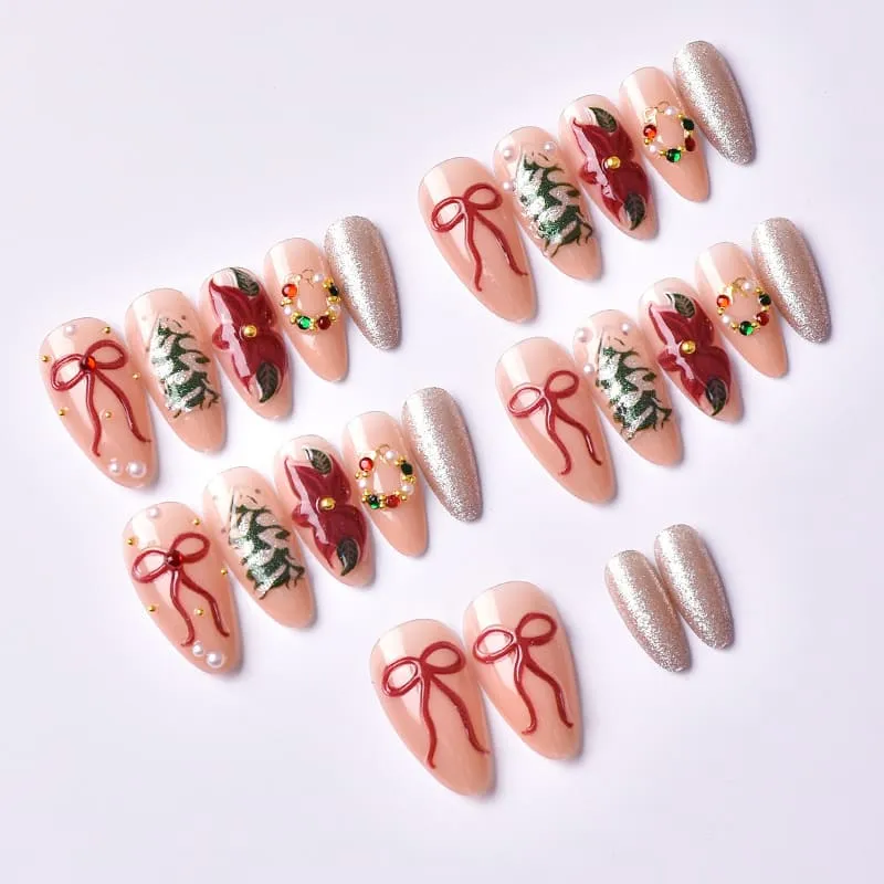 Nailhour 24Pcs Christmas Tree 3D Medium Almond French Christmas Press On Nails
