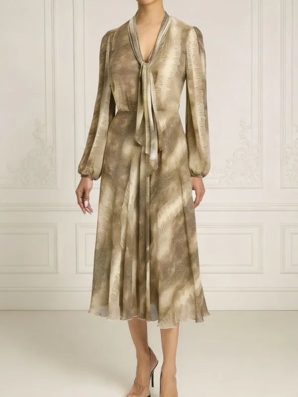 Tie-Neck Printed Midi Dress