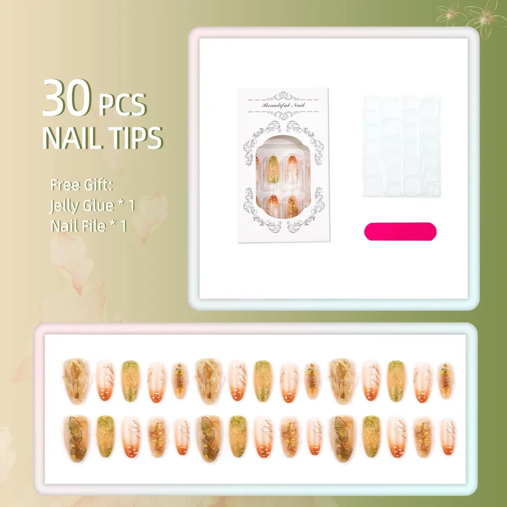 Nailhour 30Pcs 3D Floral Autumn French Gilded Medium Almond Press On Nails