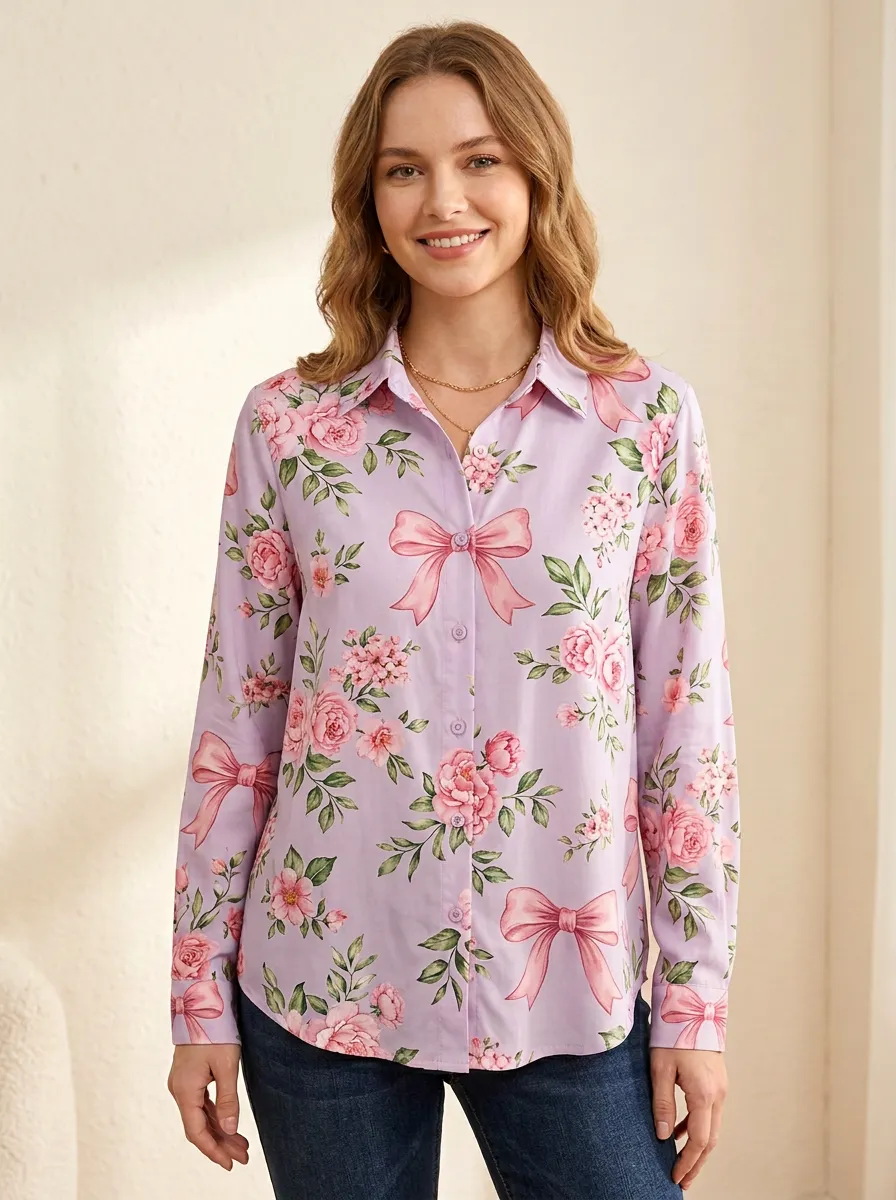 Women's Breast Cancer Awareness Pink Ribbon Floral Printed Button-Down Shirt