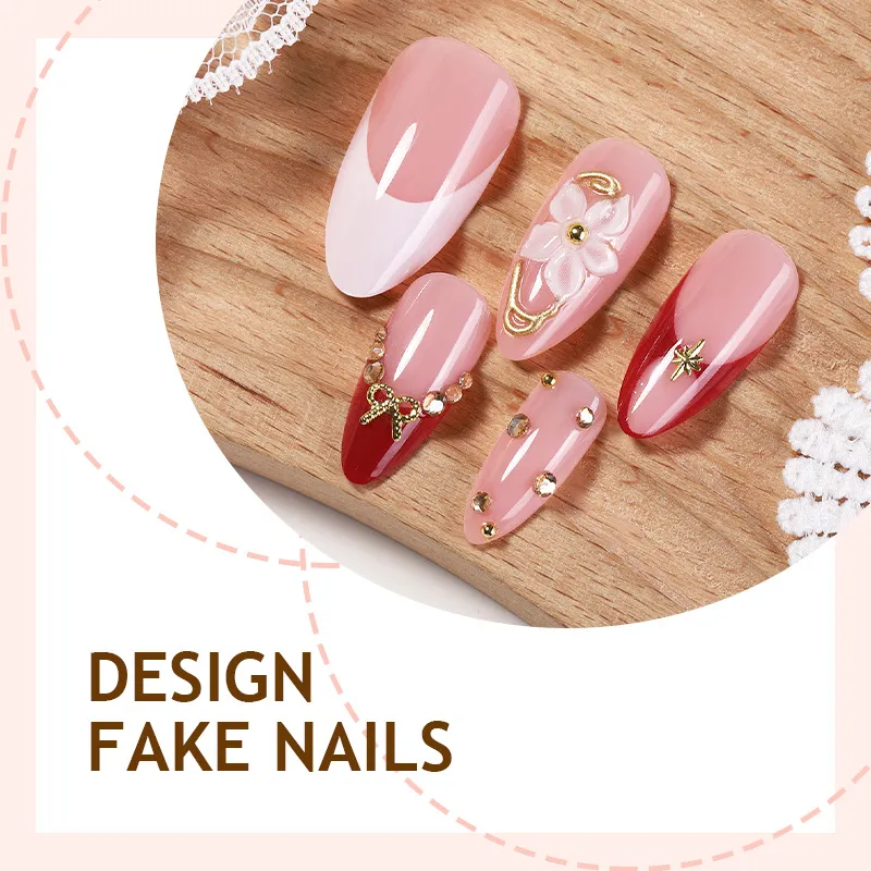 Nailhour 24Pcs 3D French Red Gilding Medium Almond Press On Nails