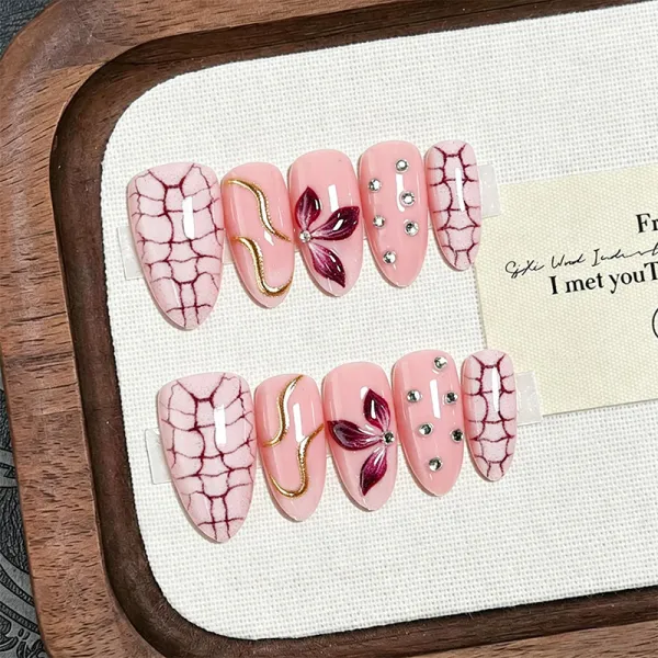 Nailhour 30Pcs 3D Rhinestone Medium Almond Press On Nails