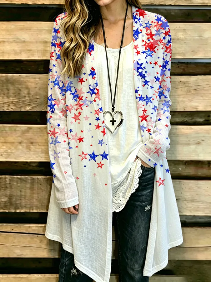 Women'S Casual Patriotic Star Printed Cardigan