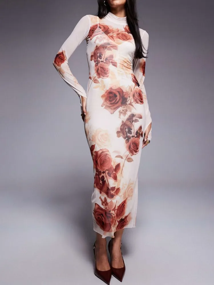 Rose Printed Turtleneck Slim Fit Dress
