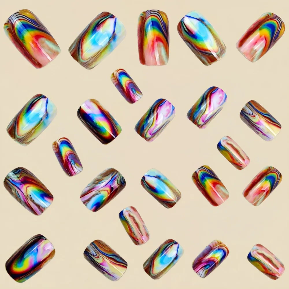 Nailhour 24Pcs Medium Square Multicolor Press On Nails